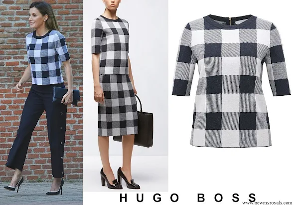 Queen Letizia wore BOSS Floriza Gingham Wool Blend Knit Top