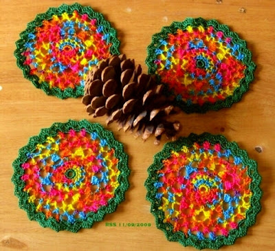 Coasters Set of 4 in Fiesta Red Orange Yellow Blue - Handmade Crochet By Ruth Sandra Sperling - RSS Designs In Fiber