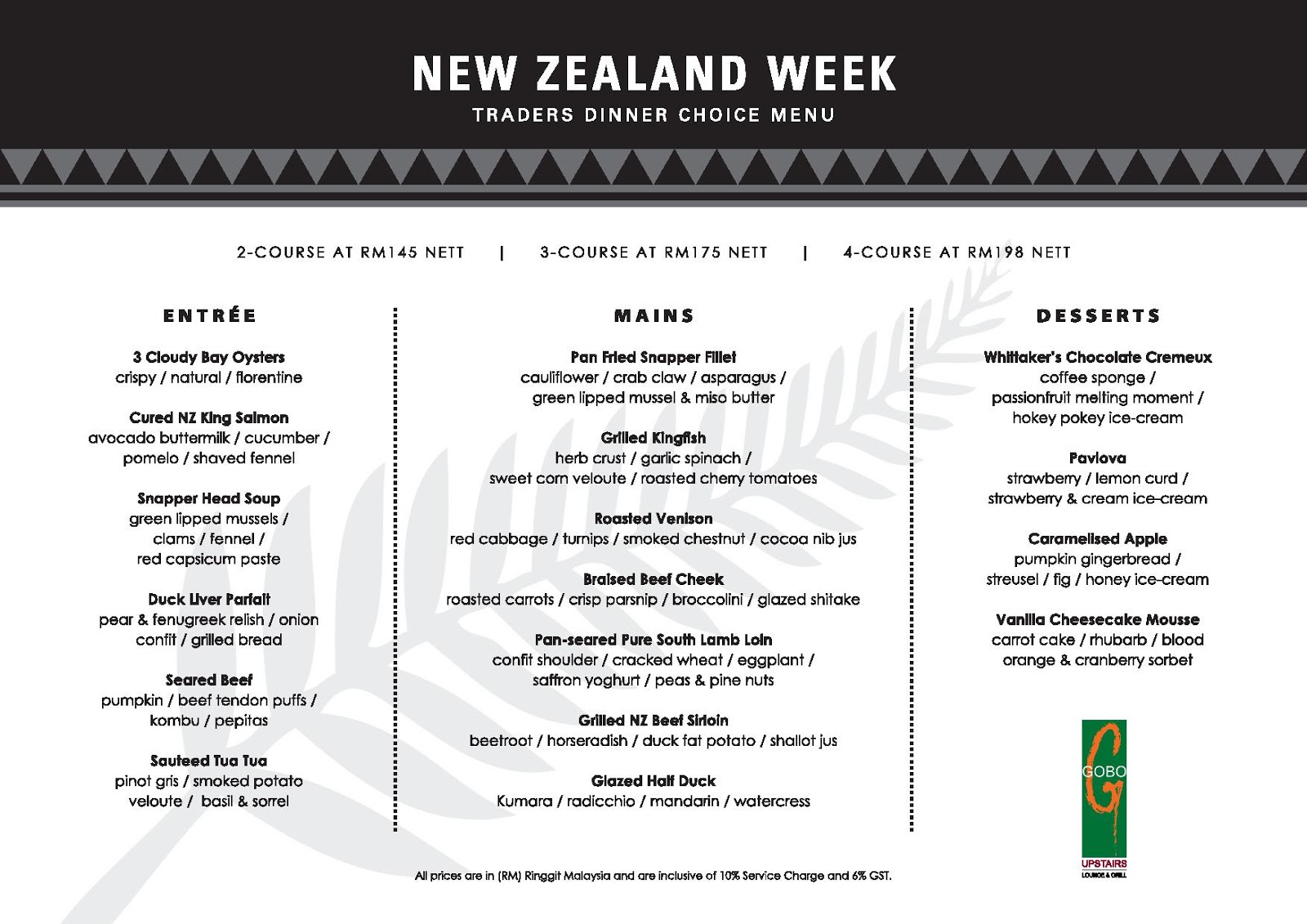 New Zealand Wine Dinner Gobo Upstairs Lounge and Grill Traders Hotel