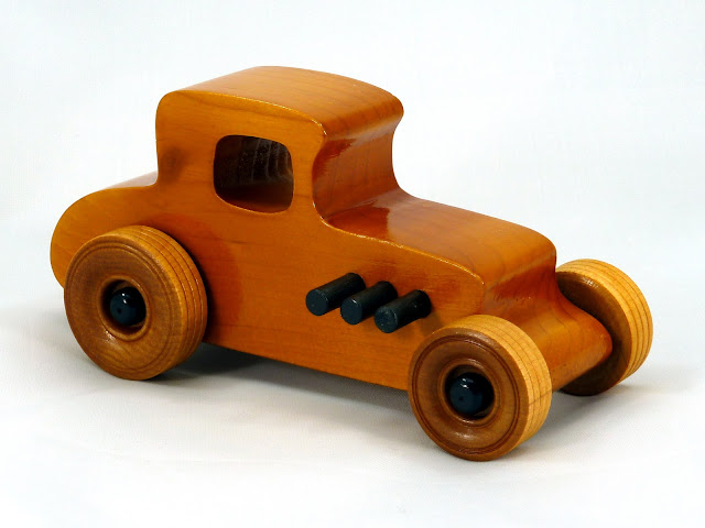 Right Front - Wooden Toy Car - Hot Rod Freaky Ford - 27 T Coupe - Pine - Amber Shellac - Black Hubs