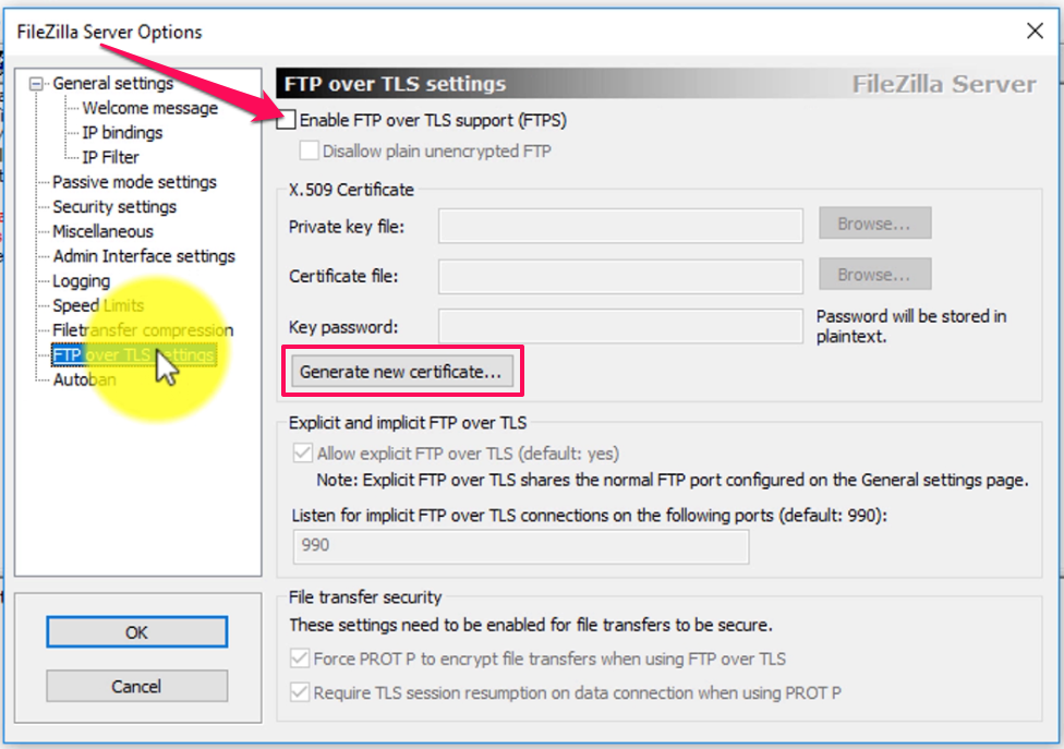 filezilla ftp over tls is not enabled