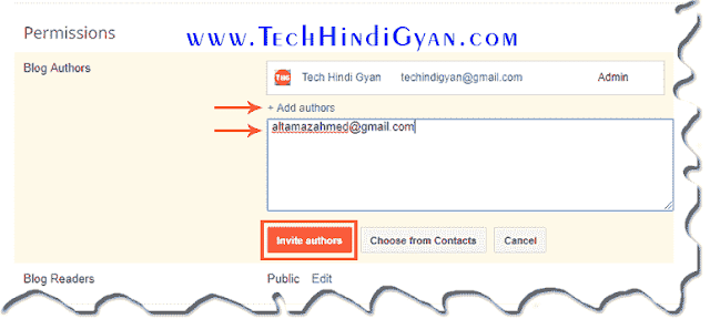 Blog Authors >> Add Authors >> Enter Gmail ID >> Invite Authors