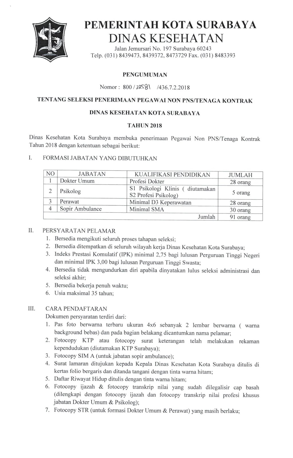 Rekrutmen Non PNS Dinas Kesehatan Kota Surabaya Tahun 2018 - REKRUTMEN