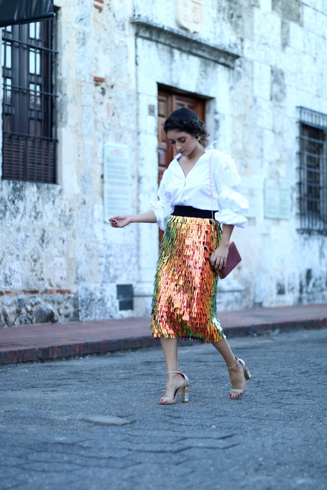 Dominicana Moda Day IV: Sequins Skirt + White Shirt | Anyelina Guzman
