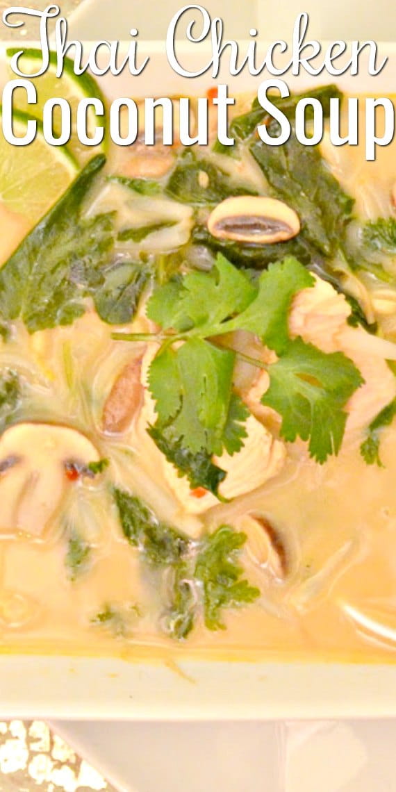 Thai Chicken Coconut Soup or Tom Kha Gai is comforting and delicious! With a creamy curry coconut broth and kale it's a healthy delicious soup from Serena Bakes Simply From Scratch.