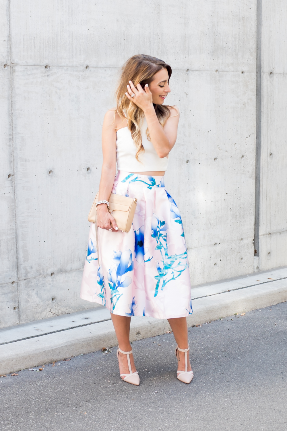 blush floral midi skirt white crop top outfit