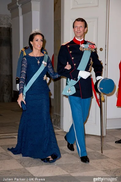 Princess Marie of Denmark and Prince Joachim of Denmark attend a Gala Dinner at Christiansborg Palace on the eve of The 75th Birthday of Queen Margrethe of Denmark