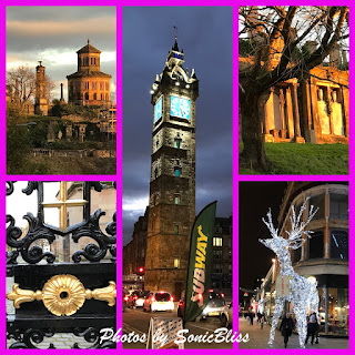 Photos by SonicBliss - Glasgow, Scotland, 2016. Included are: a cathedral, clock tower, Glasgow Necropolis, and reindeer constructed from Christmas lights.