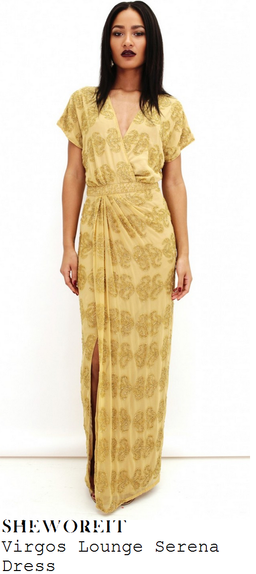 sam-faiers-yellow-gold-sequin-embellished-wrap-front-split-maxi-dress-gregs-birthday