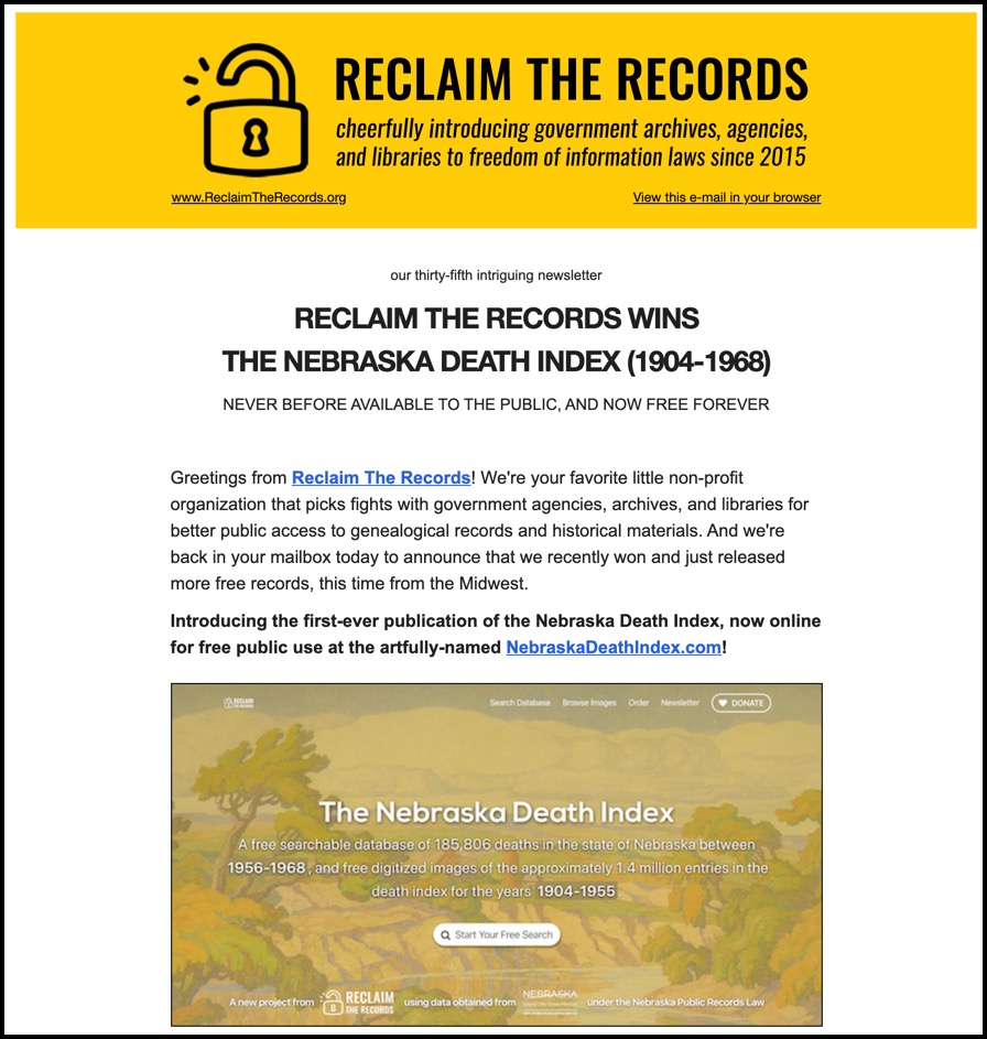 Genealogy's Star Reclaim the Records obtains the Nebraska Death Index