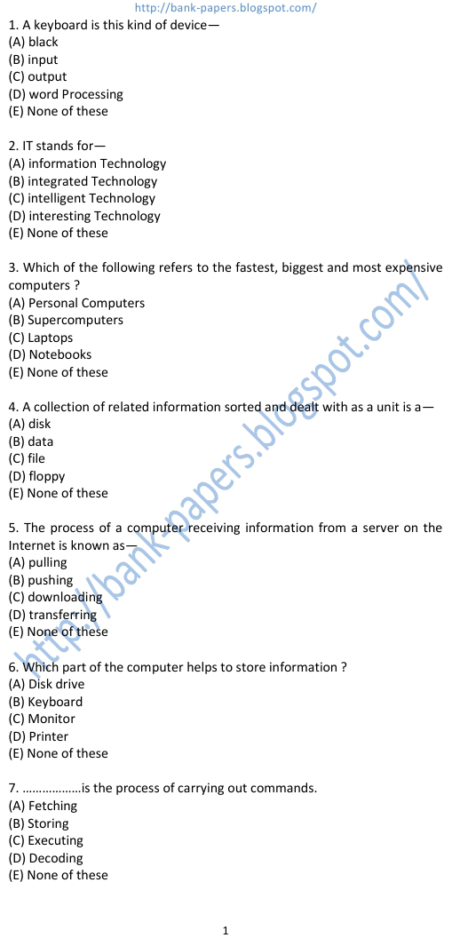 computer questions in bank exams