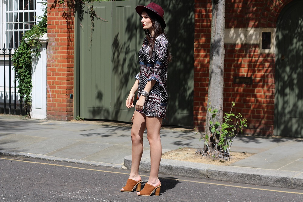 peexo fashion blogger wearing madam rage boho dress with fedora and suede mules