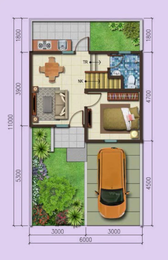 Denah rumah minimalis ukuran 6x11 meter 3 kamar tidur 2 lantai