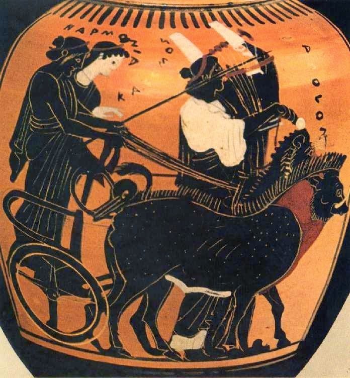 Γάμος του Κάδμου με την Αρμονία. Μελανόμορφος αμφορέας του Ζωγράφου του Διόσφου, αρχές 5ου αι. π.Χ. Αφού ο Κάδμος σκότωσε το φίδι που φύλαγε την Αρεία πηγή, ο Άρης πάντρεψε τον Κάδμο με την κόρη του Αρμονία. Στο αγγείο ο Κάδμος και η Αρμονία πάνω στο άρμα που ως υποζύγια έχει ένα λιοντάρι κι έναν ταύρο. Ο Απόλλων κιθαρωδός που ακολουθεί πεζή αναγγέλει τη γαμήλια πομπή. Παρίσι, Μουσείο του Λούβρου, ca 1691