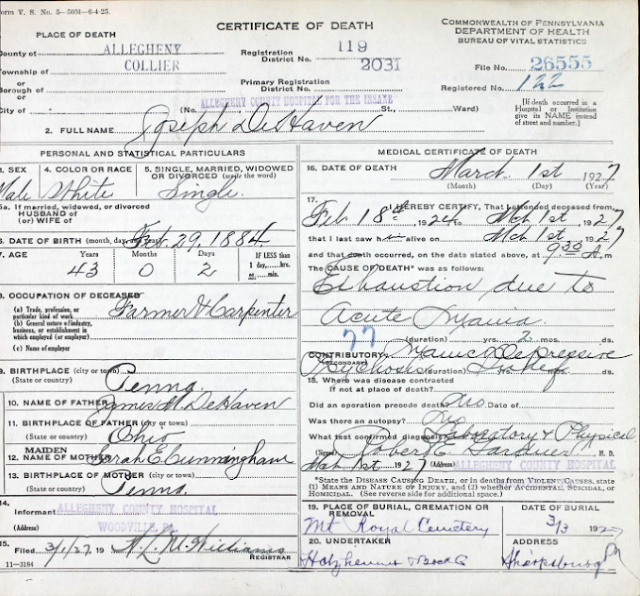 Joseph DeHaven Glenshaw PA 1927 death certificate