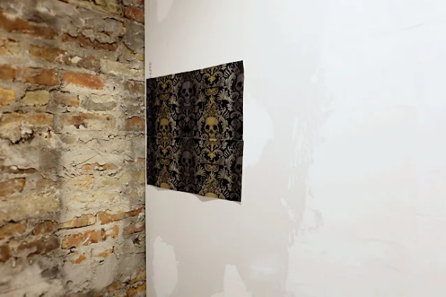 skull wallpaper sample exposed brick new drywall
