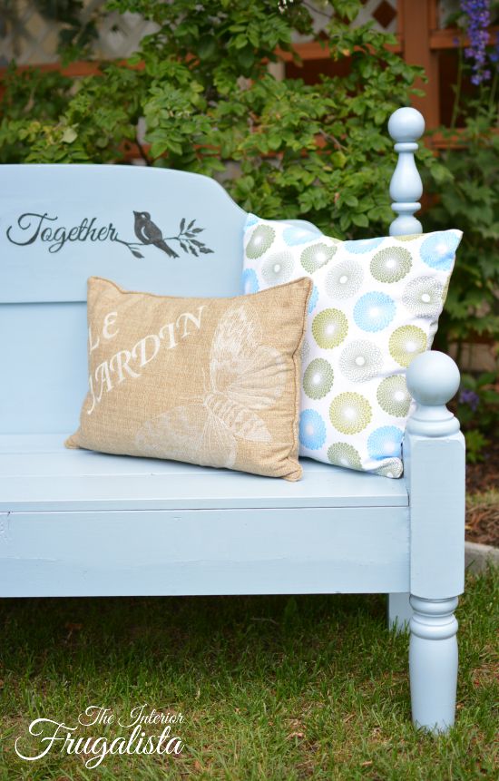 How to repurpose a thrift store double headboard and footboard set into a lovely outdoor bench for two with handmade "growing old together" graphic.
