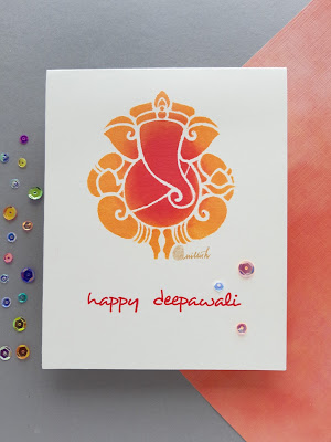 Diwali card, stencil card, stenciling, Quillish card, card by Ishani, Diwali wishes, hndmd craftangles ganesh stencil, stenciled card, clean and simple card