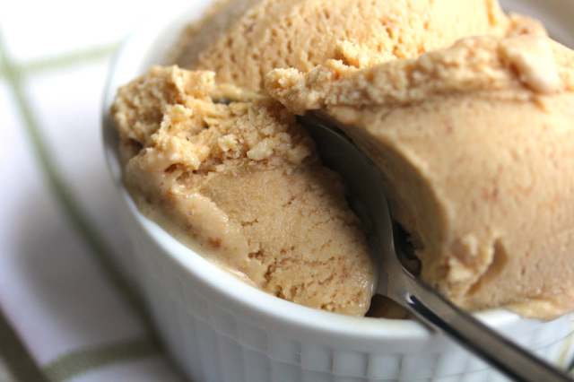 Close up of Two scoops of cookie butter ice cream contained in a round, white bowl with a spoon in it