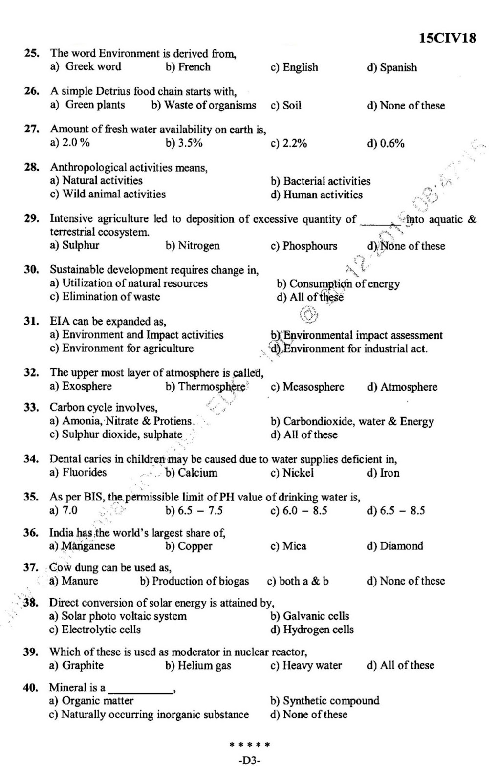 VTU BE 1st Year Question Paper Environmental Studies 15CIV18/28