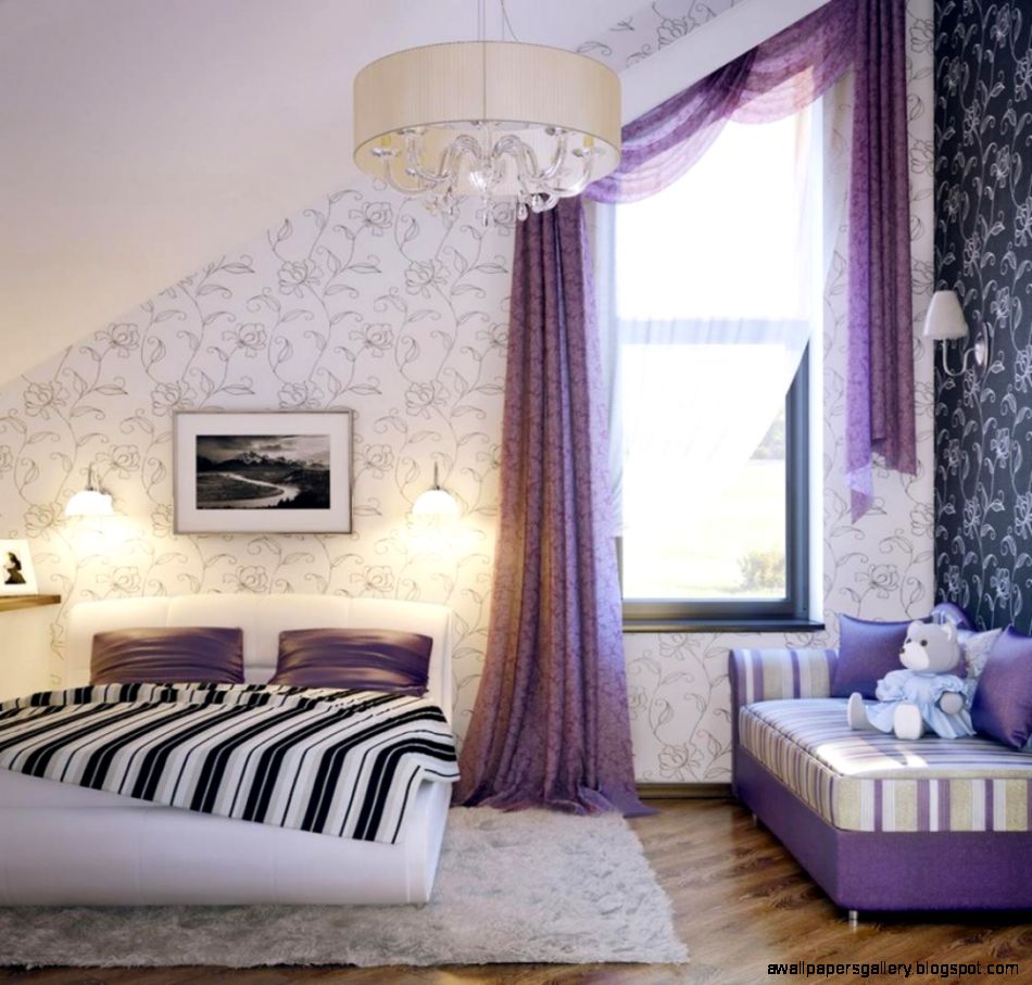 Pretty Girls Attic Bedroom Design With Lovely Purple Curtain And