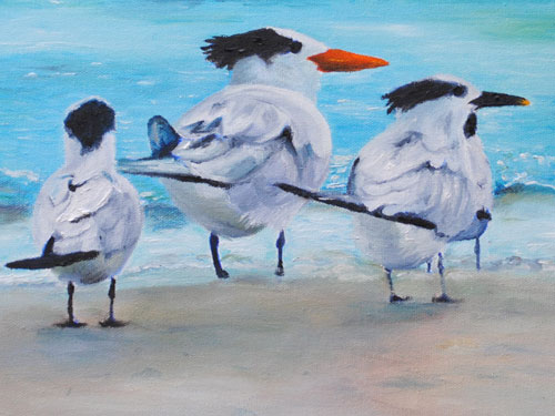oil painting of birds on sea shore