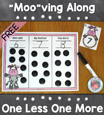 This versatile kindergarten math resource with a cow theme can be used to teach, practice, or review the concept of one less and one more than a given quantity or number.