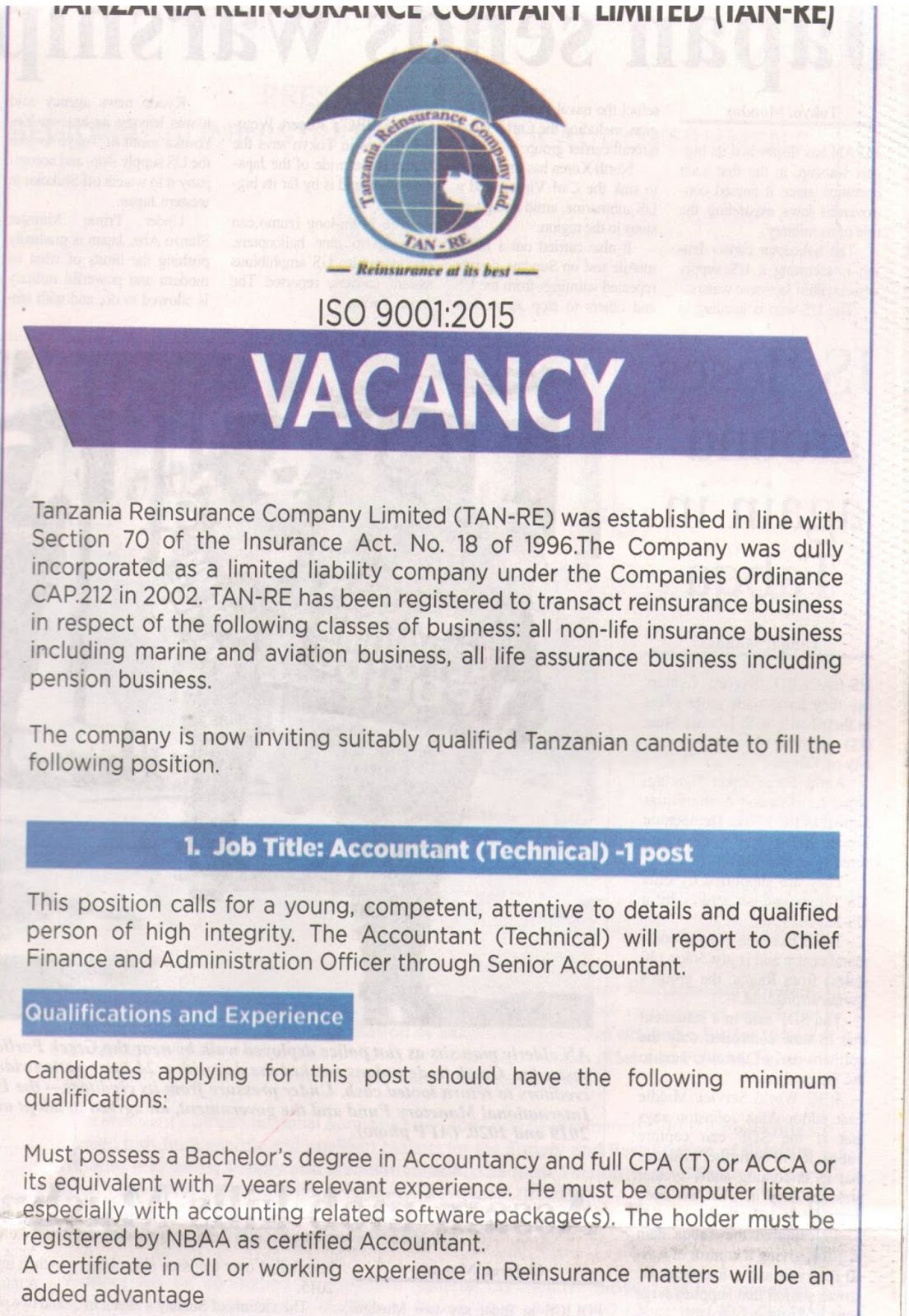 JOB VACANCY FOR ACCOUNTANTS At Tanzania Reinsurance Company Limited