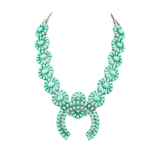 Vintage Silver Squash Blossom Necklace For Women High-Quality Stones Long Green