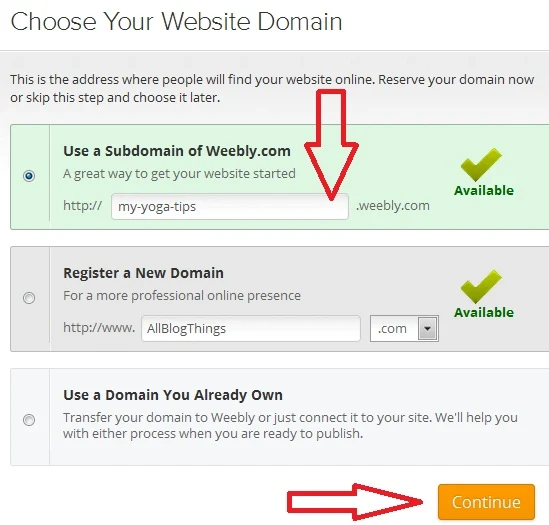 choosing a free domain name on weebly.com