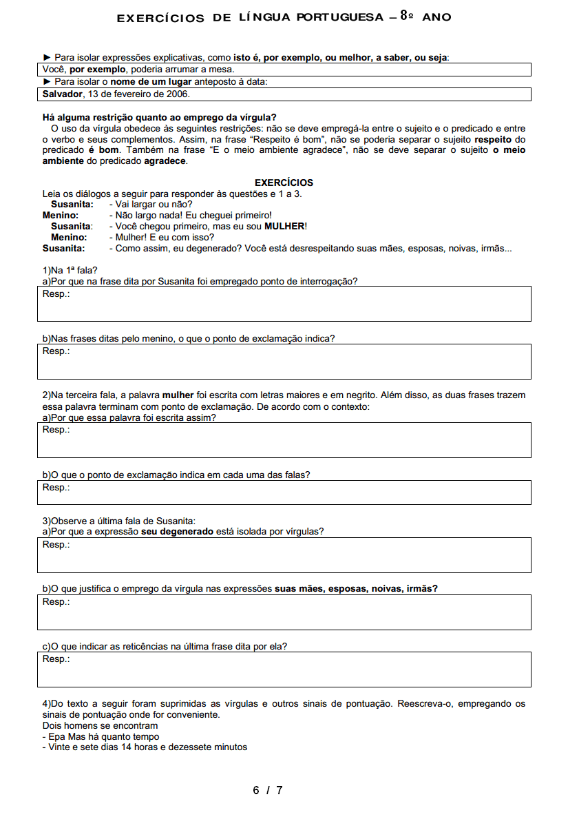 ATIVIDADES LÍNGUA PORTUGUESA 8° ANO EXERCÍCIOS PROVAS AVALIAÇÕES (XVIII
