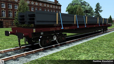Fastline Simulation: Prior to privatisation wagons were often transferred or borrowed between the revenue and engineers fleet. Since privatisation the boundaries have all but vanished and a number of YLAs have found themselves in EWS livery and used for revenue traffic like this large I-beams.