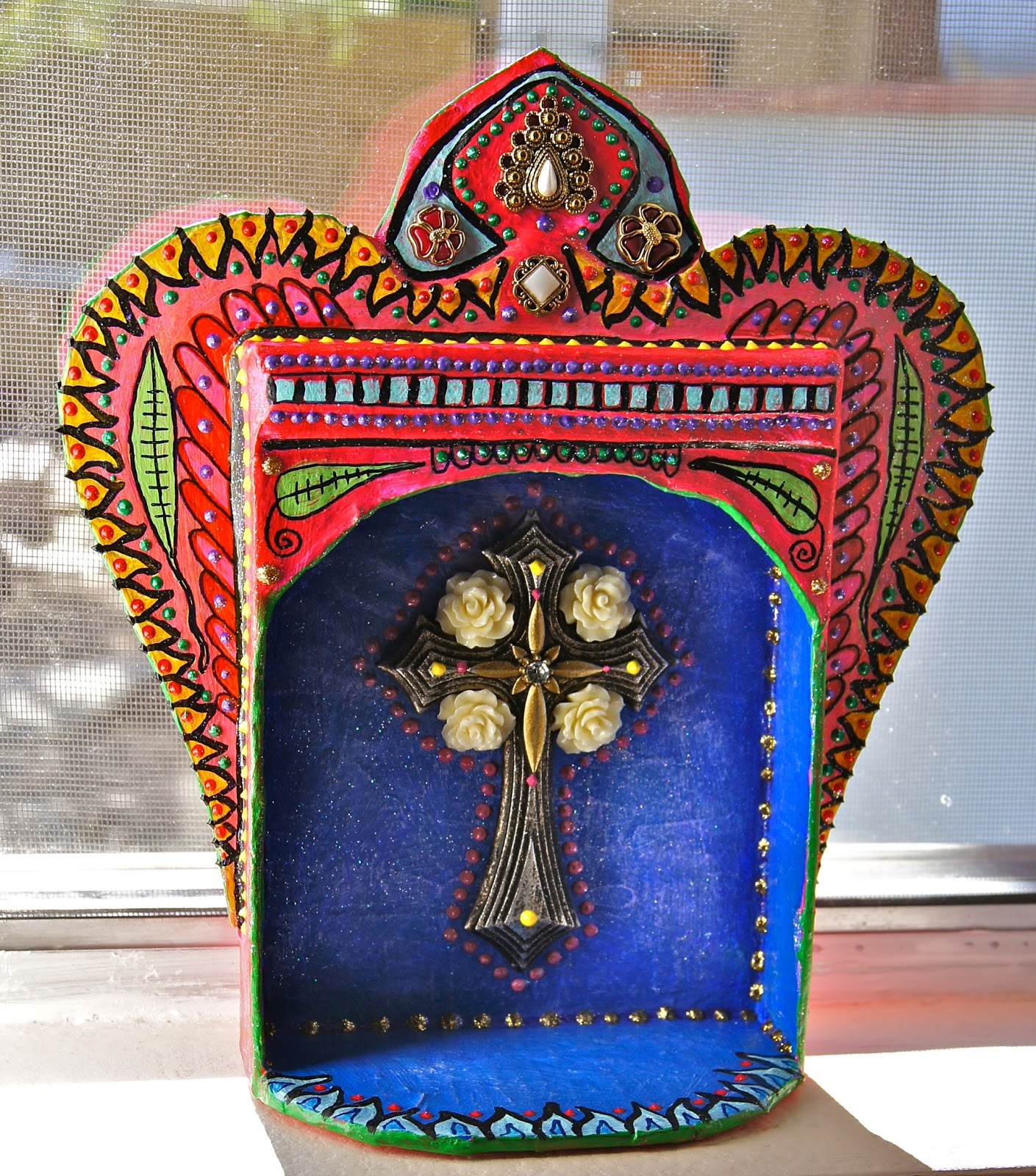 Hive Arts & Crafts Paper Mache Cross with Roses Shrine