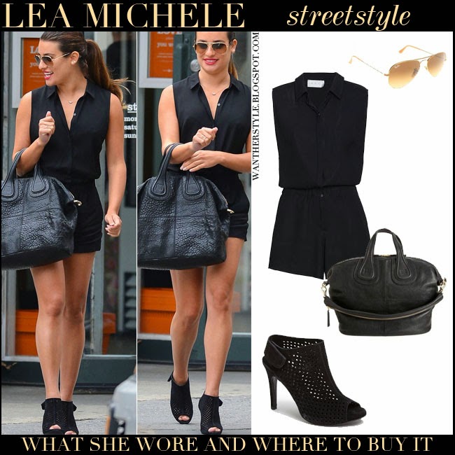 WHAT SHE WORE: Lea Michele in black short romper with black open toe ...
