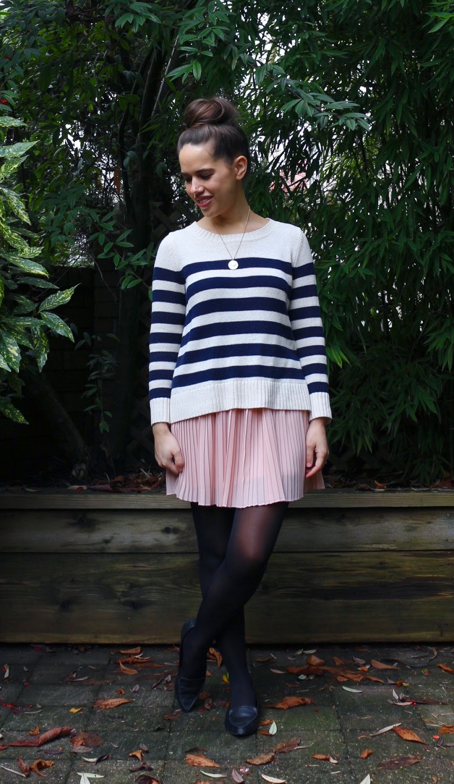 Jules in Flats - Striped Sweater with Pleated MIni Skirt (Business Casual Winter Workwear on a Budget) 