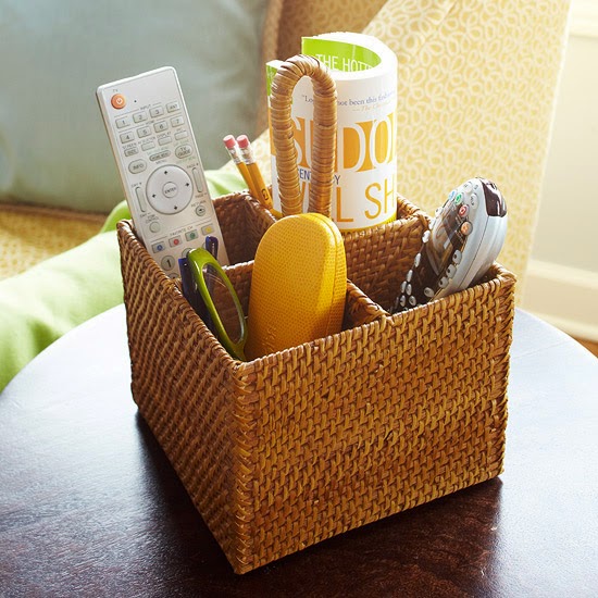 Use baskets for organizing remote controls in the family room:: OrganizingMadeFun.com