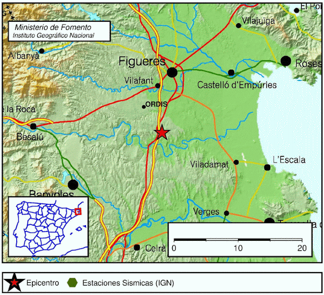 Sureste de Ordis lugar del epicentro del terremoto sentido en  Girona, Banyoles y Figueres