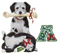 Alfabeto navideño tintineante con perrito y gatito. 