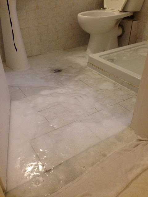Our flooded bathroom at the hotel in Kavos