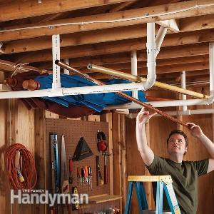 Garage hanging organizer with PVC pipe ::OrganizingMadeFun.com