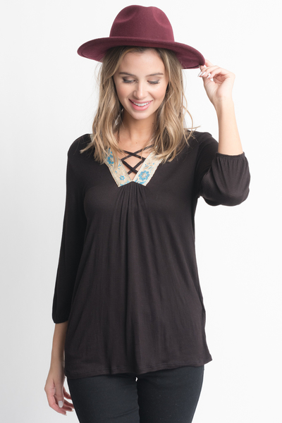 Shop for Black Cross Front Blouse -Criss Cross Front Floral Trim Elastic Cuff Top on caralase.com