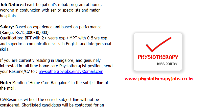Physiotherapy jobs in bangalore 2012