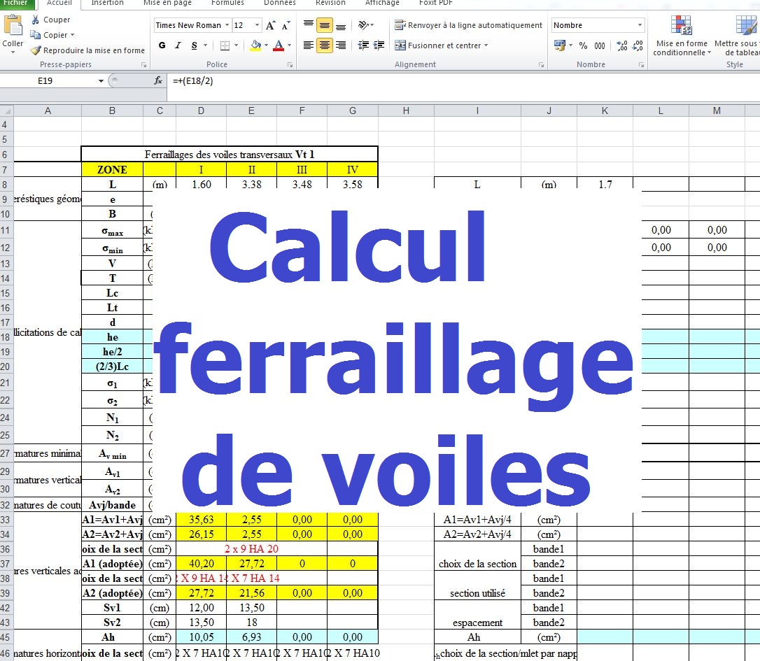 Calcul ferraillage des voiles sur feuille Excel.