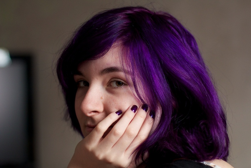 Good Morning Angel. Stained Purple freshly dyed hair.