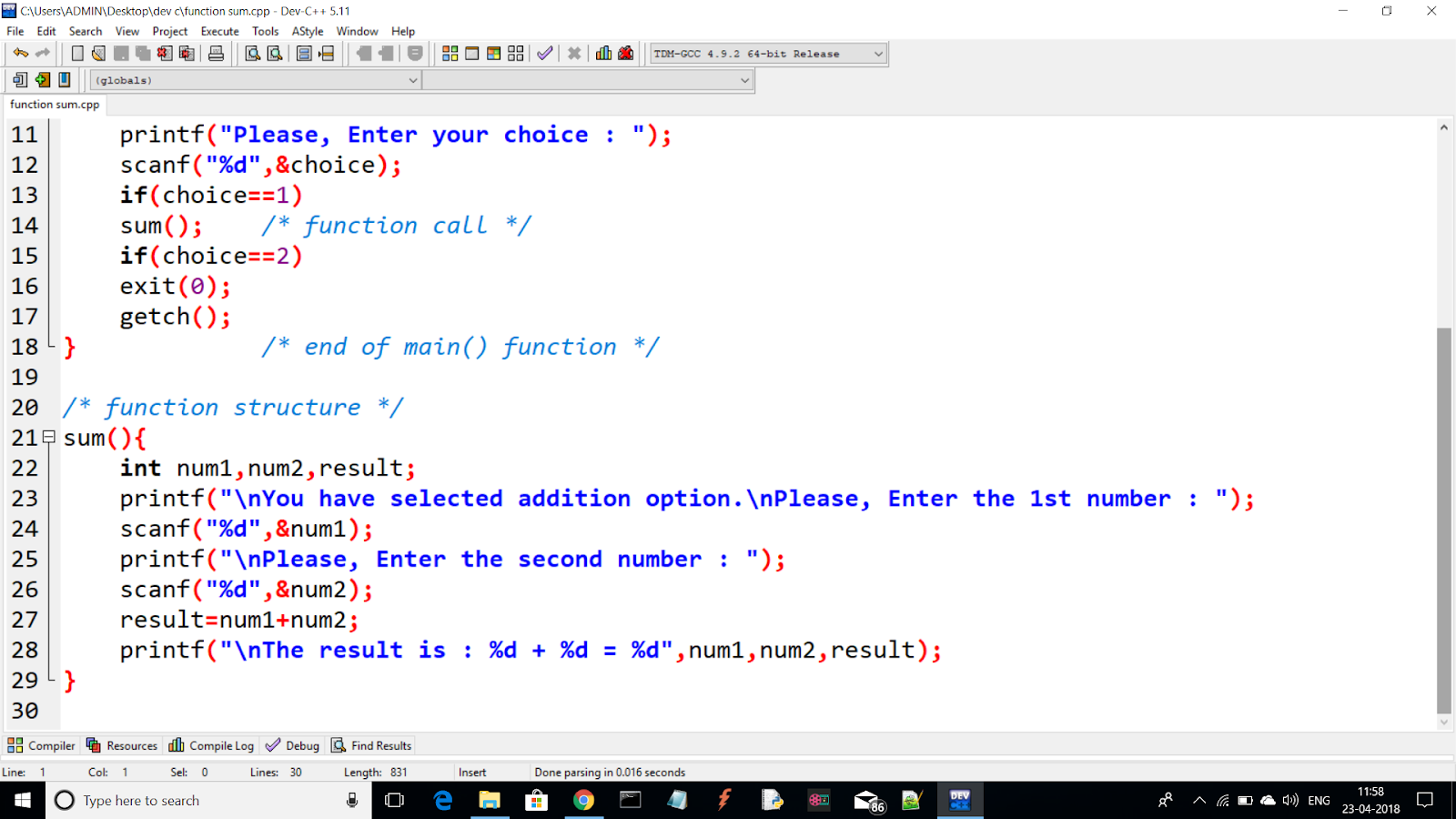 Sum of two Integer numbers using function