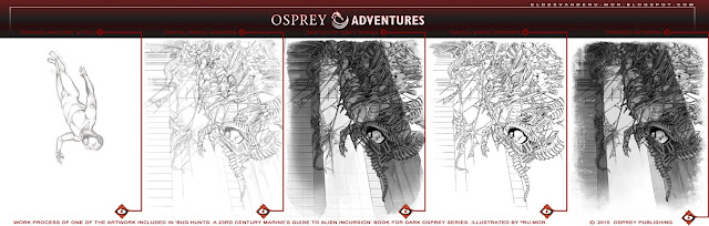 illustration of Bug Hunts book, done by RU-MOR for OSPREY Adventures, sci-fi wargame, 'Dark Osprey' collection, Osprey Publishing, alien, bug, star marines, army, space guns