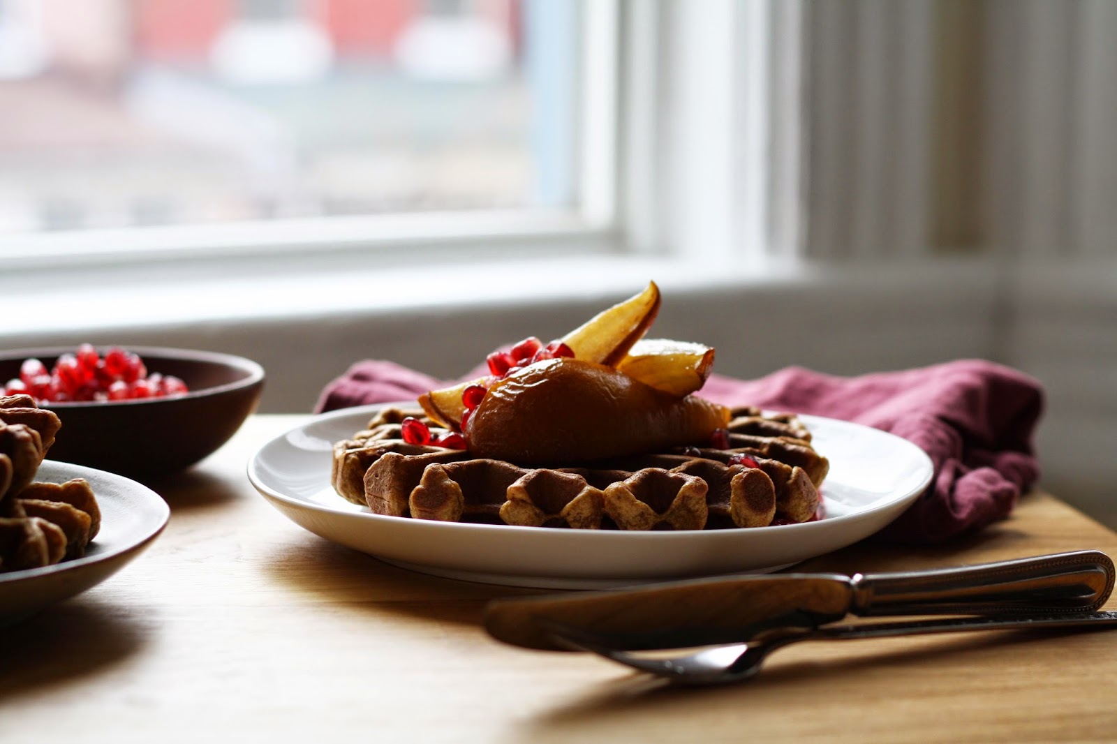 ginger molasses waffles with roasted pears and pomegranate // sevengrams