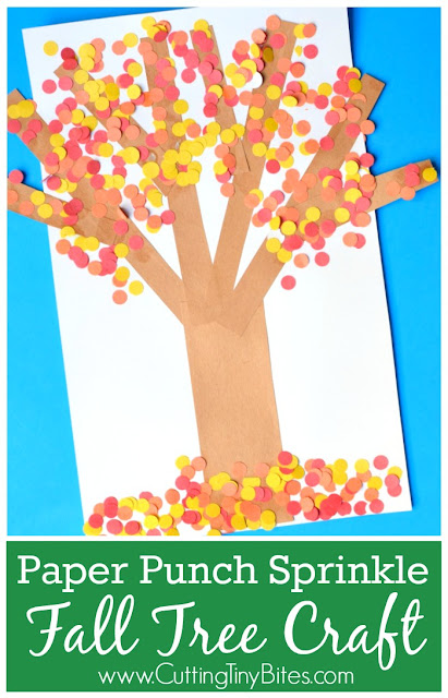 Fall tree craft for toddlers, preschoolers, or kindergartners. Use hole punch circles in red, orange, and yellow to make autumn leaves! Great fine motor work!