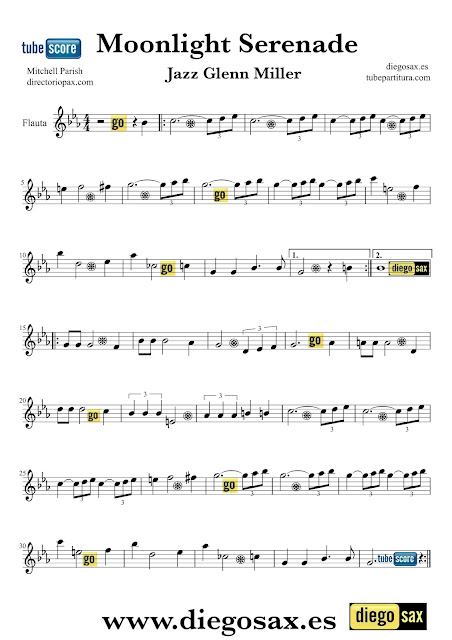 Partitura de Moonlight Serenade para Flauta Travesera, flauta dulce y flauta de pico de Glenn Miller Music Score Flute and Recorder Sheet Music
