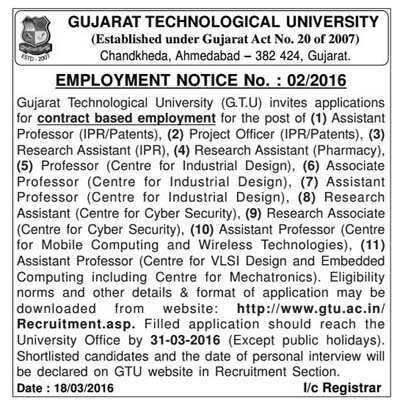 Gujarat Technological University (GTU), Ahmedabad Various Recruitment 2016